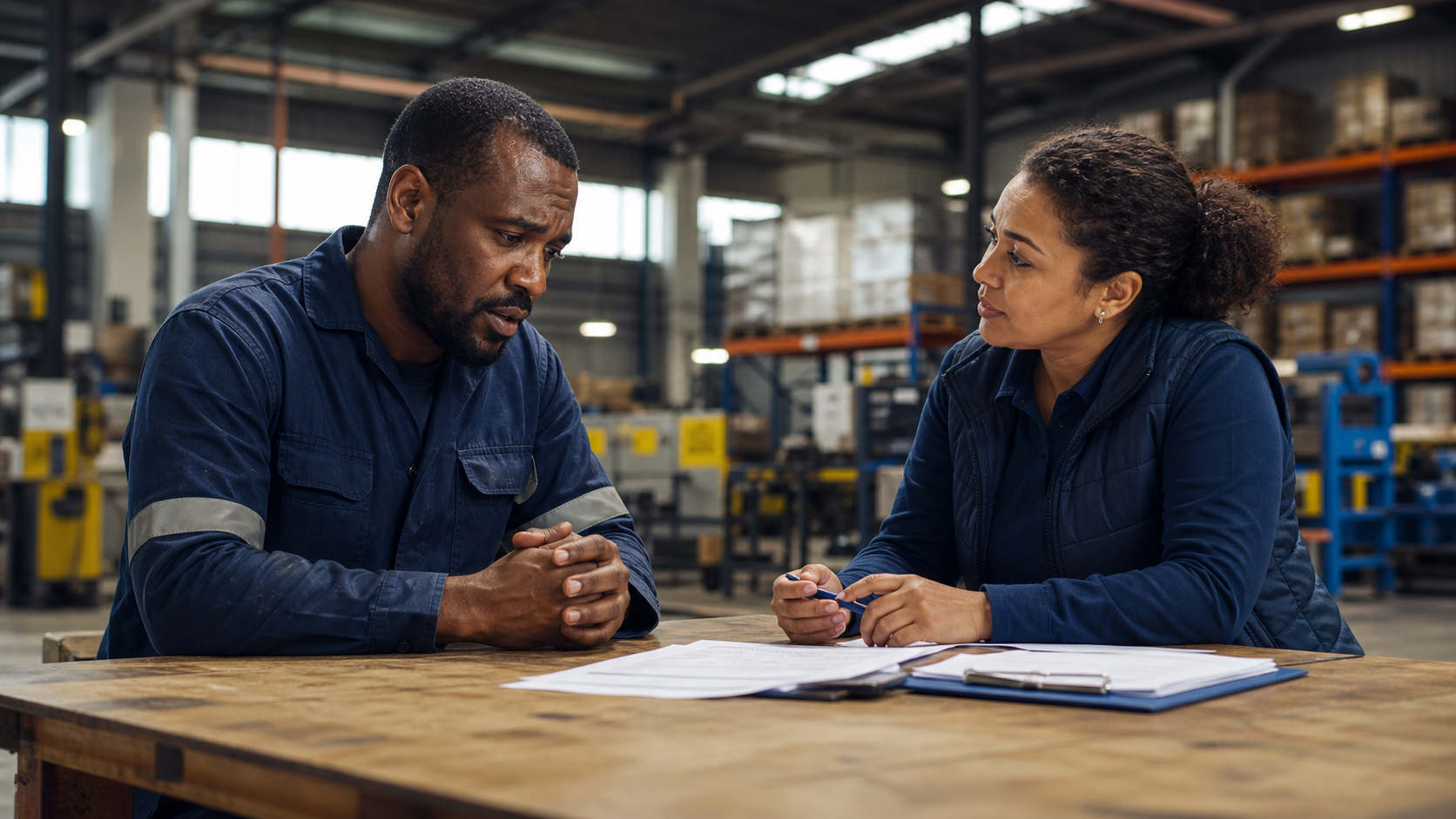 Blue collar South African employee receiving calm workplace hearing support