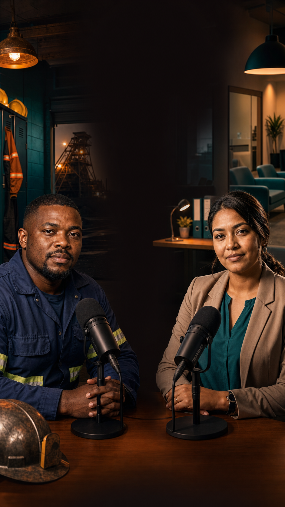 South African mining employee and office professional in a premium employee-support podcast setting